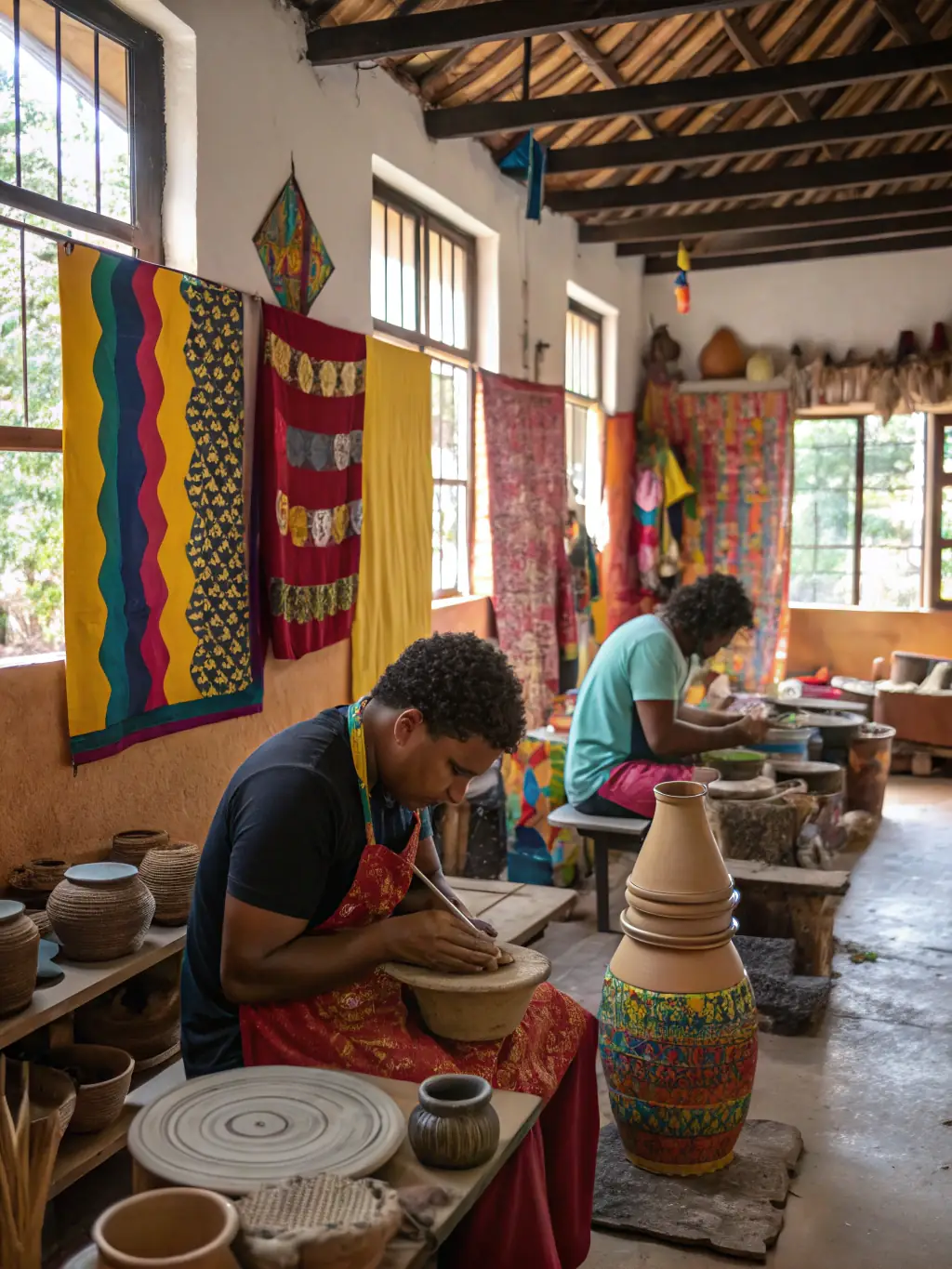 A vibrant image of a REALLONNAIS HERITAGE workshop where local artisans are teaching traditional crafts to community members, promoting intangible heritage.